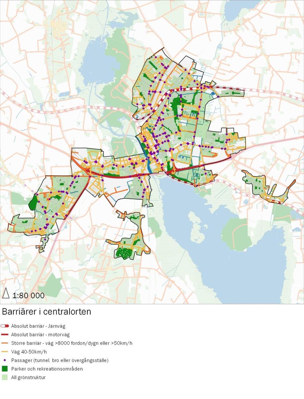 Karta 22. Besökstryck på parker större än ett hektar i centralorten.