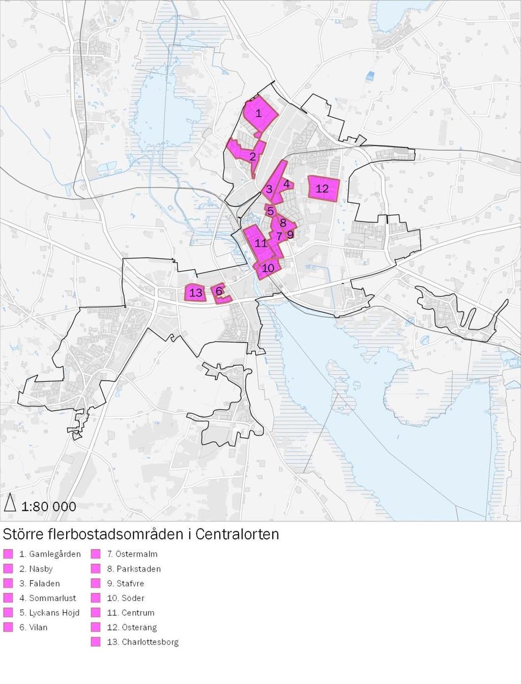 5.4. Flerbostadsområden Utifrån flygbilder och kunskap om de olika stadsdelarna gjordes en karta med de större flerbostadsområdena i Centralorten.