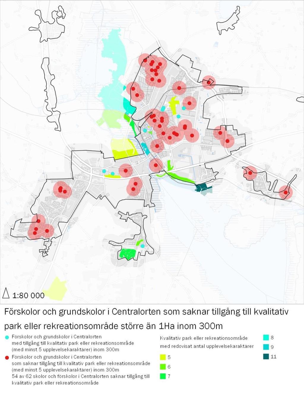 Endast 8 av 62 skolor och förskolor saknar en park större än ett hektar inom 300 meter.