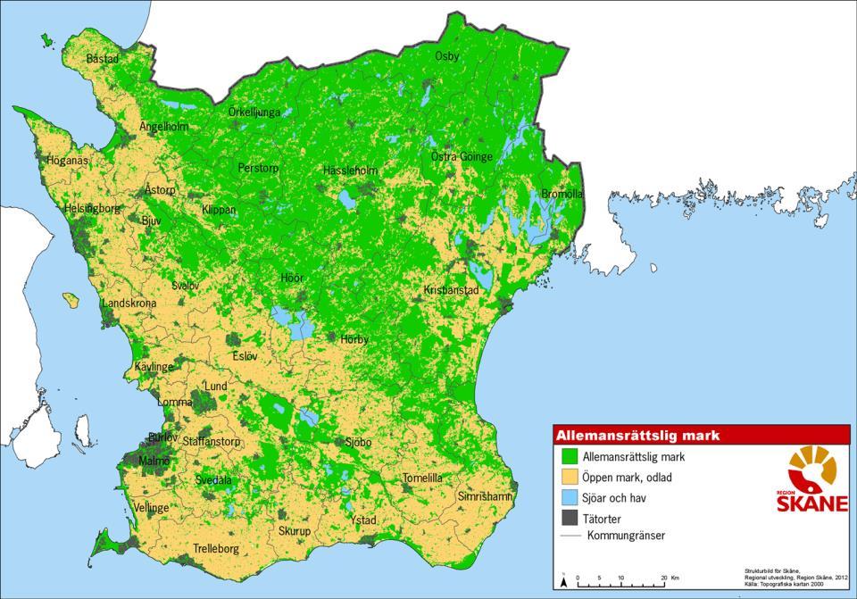 2 En regional jämförelse Region Skåne har i sitt arbete med Strukturbild Skåne tagit fram statistik för andelen allemansrättslig mark i Skåne.