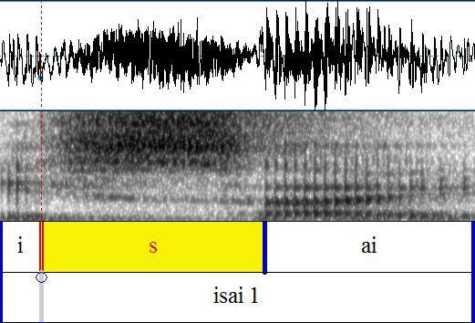 Inbegripna ord: y uki, y ūki, y oji, y ōji, i e, ii e, kawa ikunai, kawa ii kunai. Figur 2: Ordet iie producerat av talare 6. Formanterna visas av de prickade linjerna.