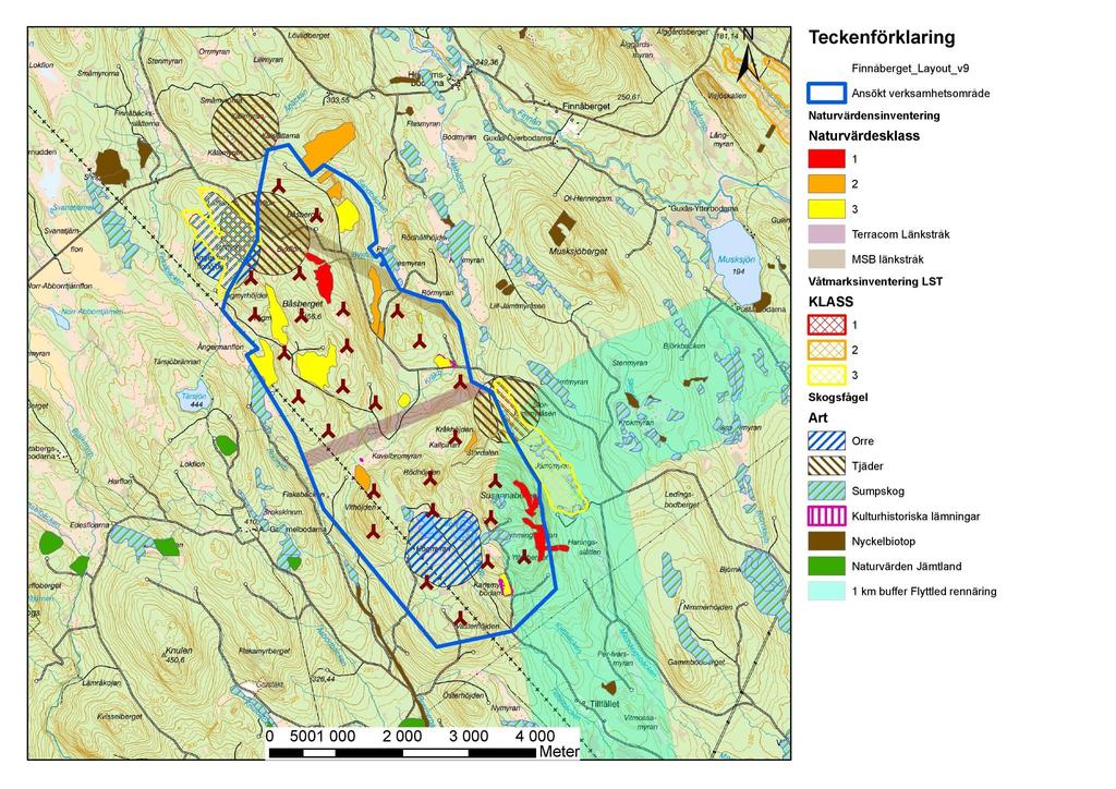 32 (76) - Restriktionsområden efter inventeringar och analyser Utdrag ur tillståndsansökan Bilaga 4 Restriktionsområden Övrig planerad vindkraft i området Inom ca 25 km från projektområdet finns en