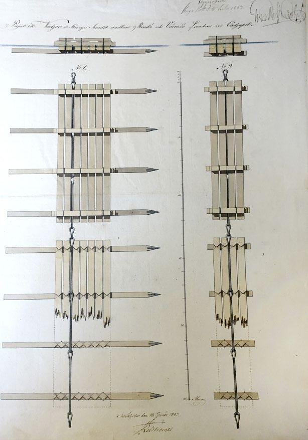 Figur 15. Bilden visar en flytande spärranordning från 1803 i Oxdjupet, Vaxholm. Notera de järnskodda spetsarna. Källa: Krigsarkivet.