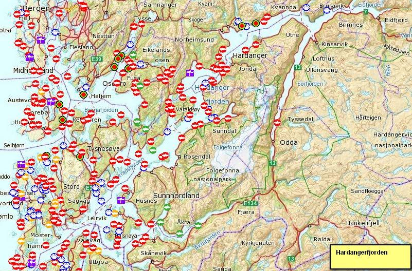 Mynd 5. Eldisvæði á Hardangerfirði í Noregi. Stjórnendur Laxa fiskeldis ehf telja að þrátt fyrir ágæt skilyrði til eldis muni 19.199 tonna eldi vart rúmast í Berufirði.