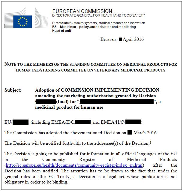6 IMPLEMENTATION 6.2 Sammanställning av läkemedelshandlingar Figur 6: Ett exempel på hur inledningen i ett godkännandebrev från europeiska kommissionen kan se ut.