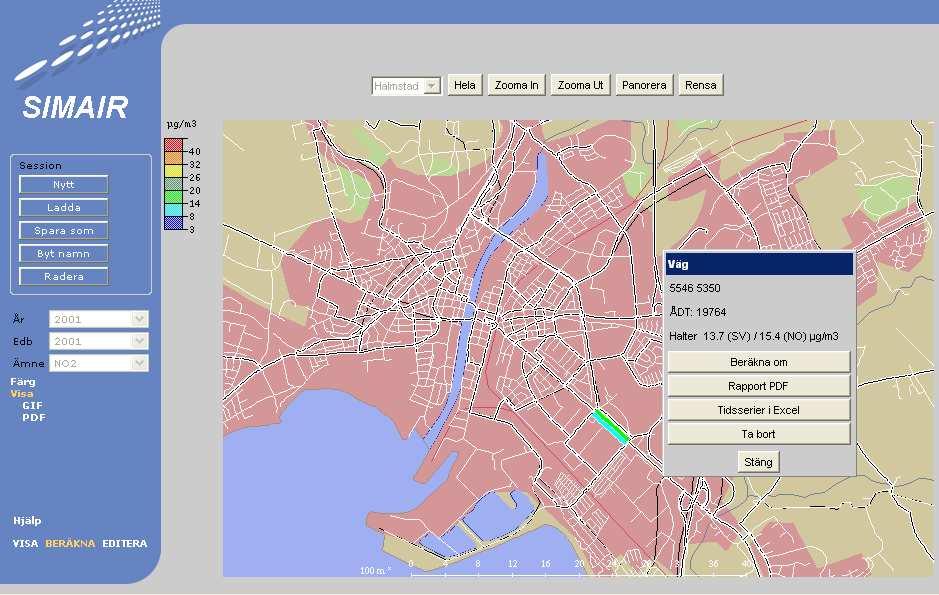 11 5. BERÄKNA lokala halter i vägars närhet 5.1 BERÄKNA och visa årsmedelvärden på kartan I denna funktion kan användaren beräkna totala halter i vägars närområde.