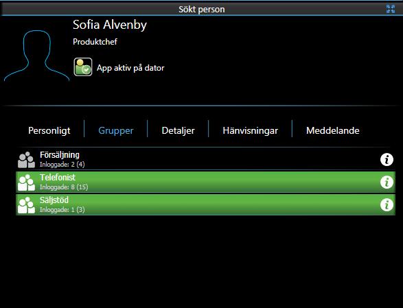 Grupper Fliken Grupper presenterar de grupper som kollegan är medlem i med kollegans aktuella inloggningsstatus. Här kan du även se information om respektive grupp i form av antal inloggade medlemmar.