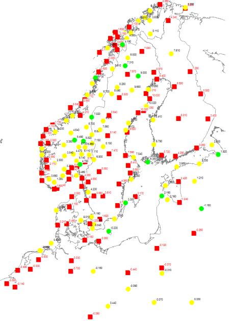 5 mm/a Den absoluta landhöjningen i observationspunkterna skattas med Kollokation (Least Squares Collocation) med