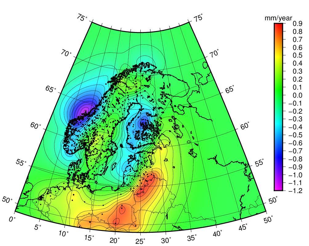 Residualyta (griddad skillnad mellan den empiriska modellen i observationspunkterna och GIA-modellen) LSC h Residual surface (grid) obs. points empirical_abs h obs.