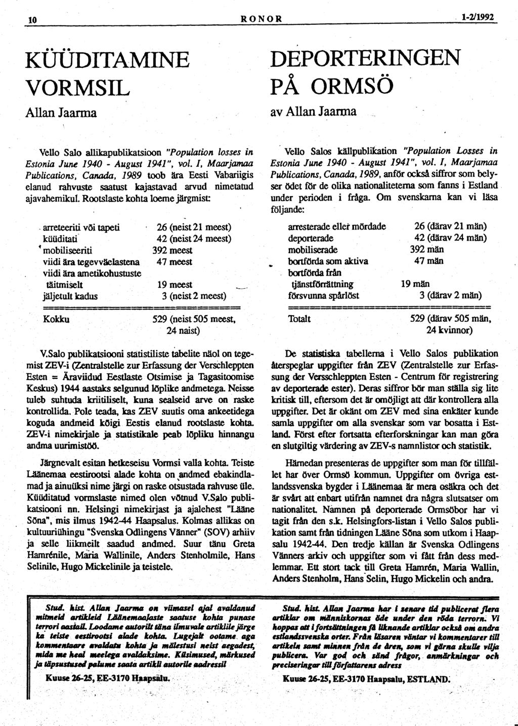 10 RONOR 1- KÜÜDITAMINE VORMSIL Allan Jaarma DEPORTERINGEN PÅ ORMSÖ av Allan Jaarma Vello Salo allikapublikatsioon "Population losses in Estonia June 1940 - August 1941", vol.