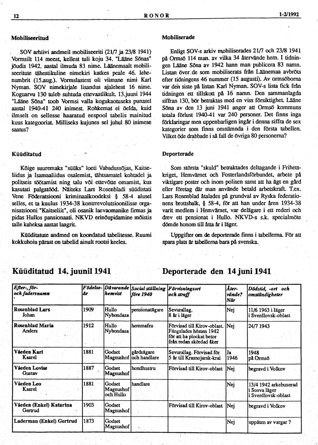 12 RON OR 1-2/1992 Mobiliseeritud SOV arhiivi andmeil mobiliseeriti (21/7 ja 23/8 1941) Vormsilt 114 meest, kellest tuli koju 34. "Lääne Sõnas" jõudis 1942. aastal ilmuda 83 nime.