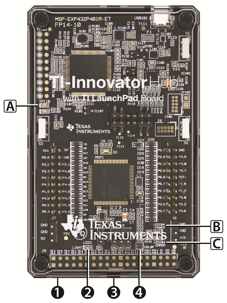 Detta ingår i lådan TI-Innovator Hub med Komponenter på kortet À En ljusintensitetssensor på undersidan av Hubb- kan läsas som