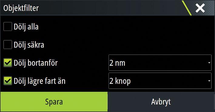 Ú Notera: Kryssrutan styr om popup-rutan för larmet visas och om sirenen aktiveras. CPA och TCPA definierar när ett fartyg är farligt oavsett om statusen är aktiverad eller inaktiverad.