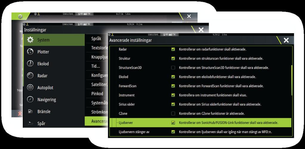 20 Ljud Om en SonicHub- server, ett FUSION marint underhållningssystem eller NMEA 2000- ljudsystem är anslutet till NMEA 2000-nätverket, kan du använda Zeus³ för att styra och anpassa ljudsystemet på