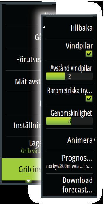 Från den här menyn kan du välja vilka vädersymboler du vill visa, ange avståndet mellan pilar och justera genomskinligheten för vädersymbolerna.