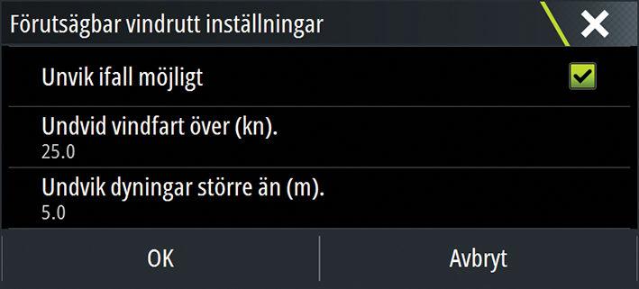 Välj Alternativ för avgång för att ange tiden som du vill ska gå mellan avgångarna (1 timme, 3 timmar, 6 timmar, 12 timmar eller 24 timmar) och prognosmodellen (GFS/CMS eller PWC/PWG) som du vill att