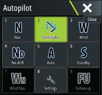 Slag i VIND-läge Ú Notera: Slagfunktionen är bara tillgänglig när systemet är konfigurerat för båttypen SEGEL i dialogrutan Drifttagning av autopilot.