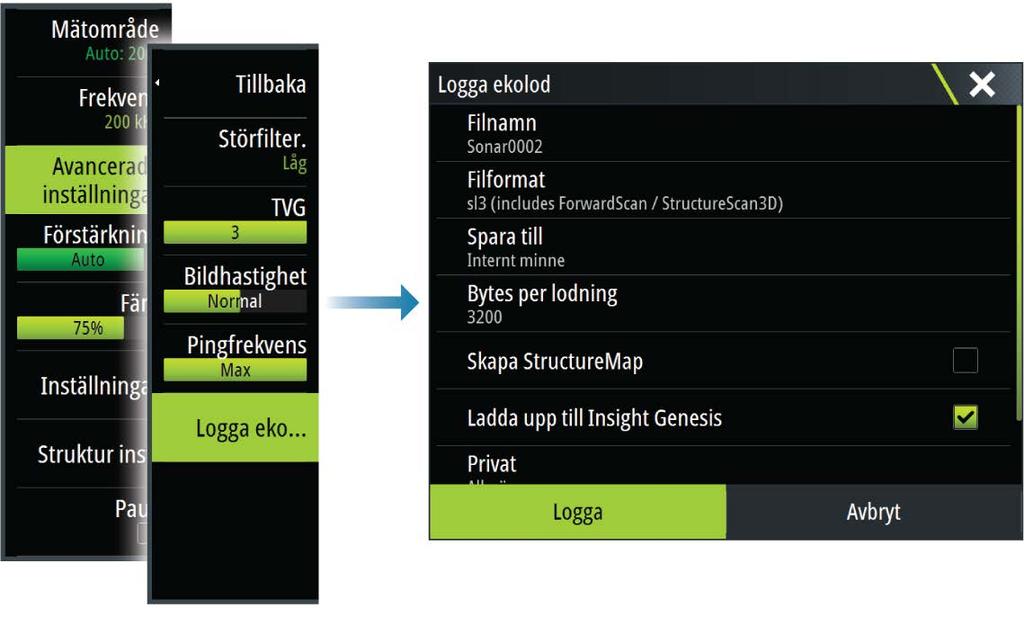 TVG Vågor och svallvågor från båtar kan orsaka klutter på skärmen nära ytan. Alternativet TVG (Time Variable Gain) reducerar ytkluttret genom att minska mottagarens känslighet nära ytan.