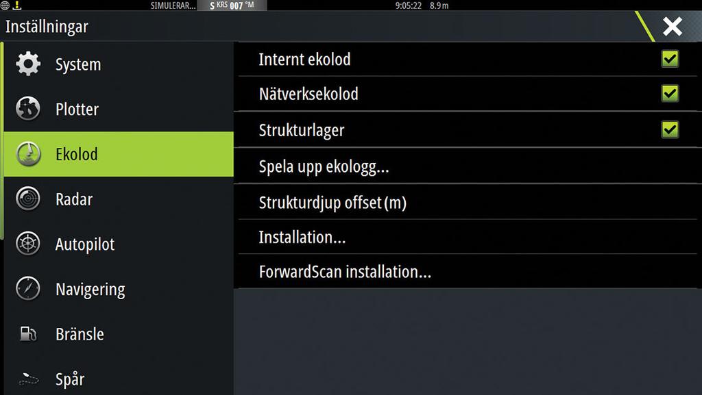 Ekolodsinställningar Internt ekolod Välj att göra internt ekolod valbart i ekolodsmenyn. Mer information om val av panelkälla finns i användarhandboken.