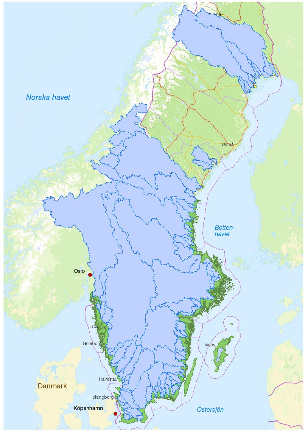 Det största området är Göta älvs avrinningsområde med mynning i havet i Göteborg. Göta älv grenar sig i Kungälv, där lite mer än hälften av det genomsnittliga flödet rinner via Nordre älv till havet.