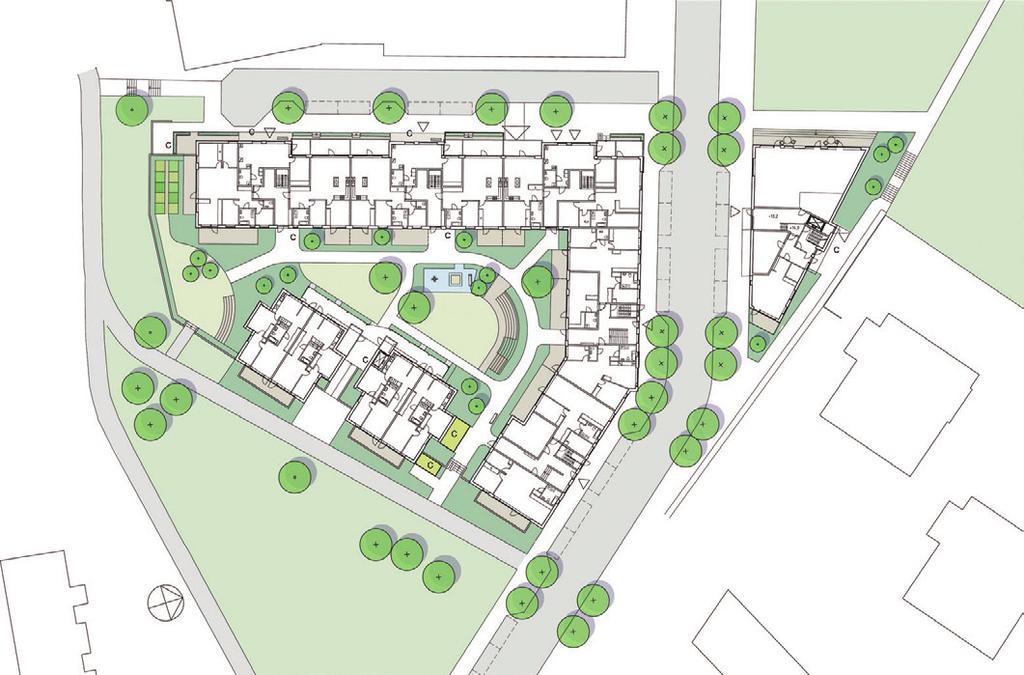 Exempel gröna gårdar Södra gården görs i huvudsak grön med plats för närrekreation och lek centralt på gården i goda sollägen.