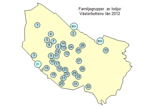 3 Lodjur Totalt registrerades 33 föryngringar i s län under årets inventering (Figur 1). En föryngring i Jämtland (Z1) och två i Norrbotten (BD1 och BD2) berör även s län.