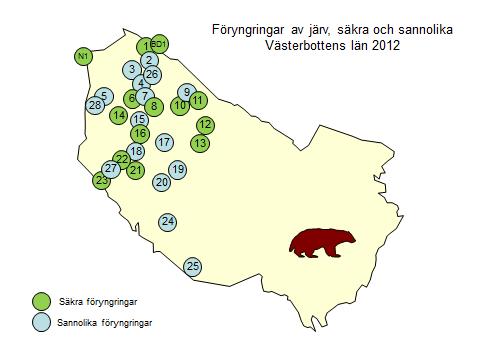 6 Järv Totalt registrerades 28 föryngringar i s län under årets inventering (Figur 4). Av dessa klassades 12 som säkra föryngringar och 16 som sannolika (Bilaga 3).