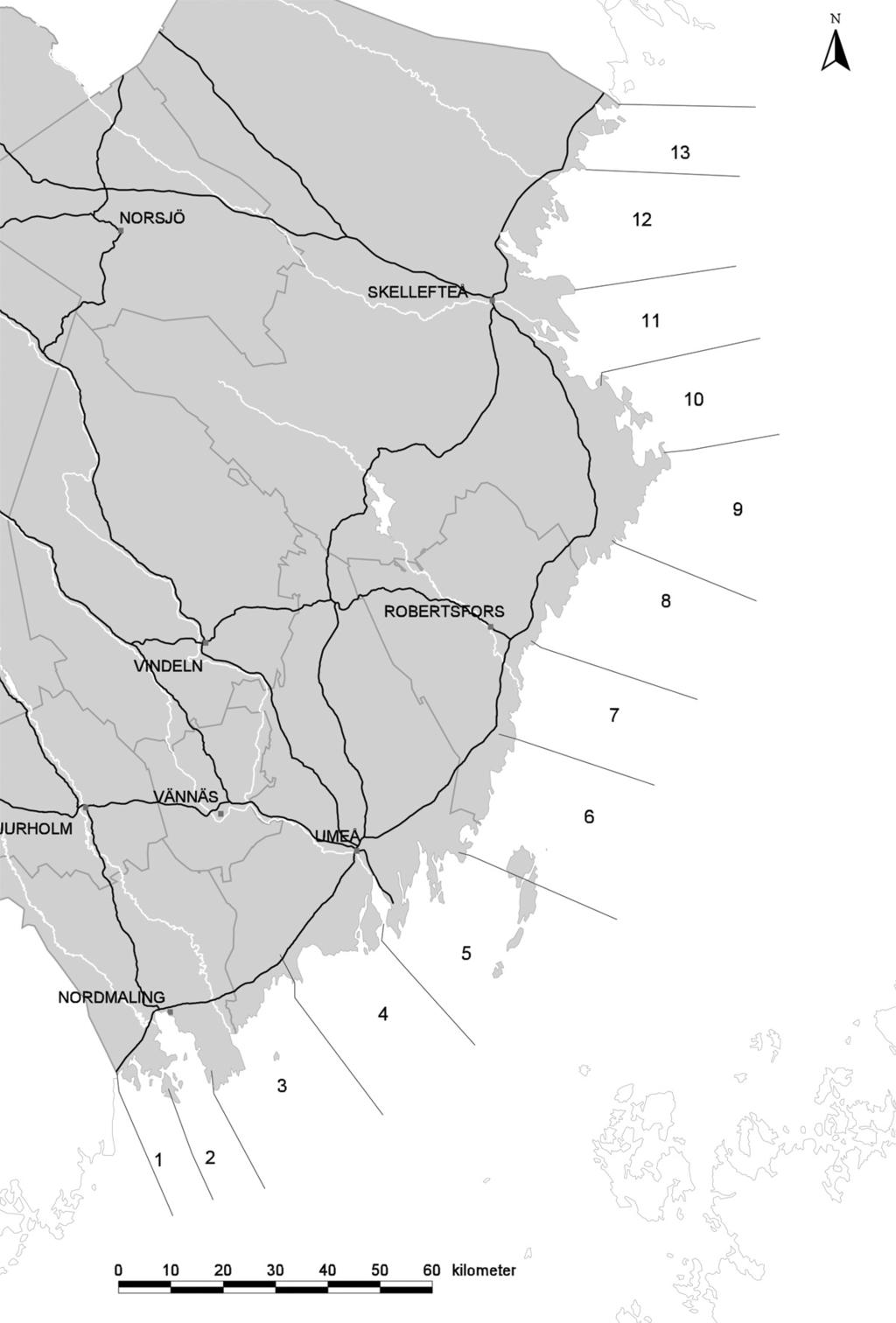 Metodik Inventeringsområde Västerbottens läns kuststräcka indelades vid inventeringen år 2001/2002 i samma 13 stora regioner (figur 1) som användes vid inventeringen år 1976 (Grenmyr 1978).