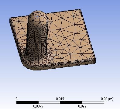 Figur 69: Fixed support på undersidan av fästet Eftersom de högsta spänningarna förväntas uppkomma i axeltappen läggs en förfining av ytan in här i meshet ( Face sizing ) på 1 mm.