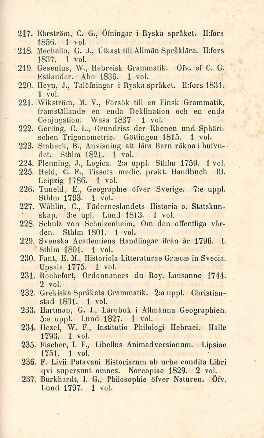 217. Ehrström, C. G., Öfningar i Ryska spräket. H:fors 1856. 218. Mechelin, G. J., Utkast tili Allraän Spräklära. H:fors 1837. 219. Gesenius, W., Hebreisk Grammatik. Öfv. af C. G. Estlander. Åbo 1836.