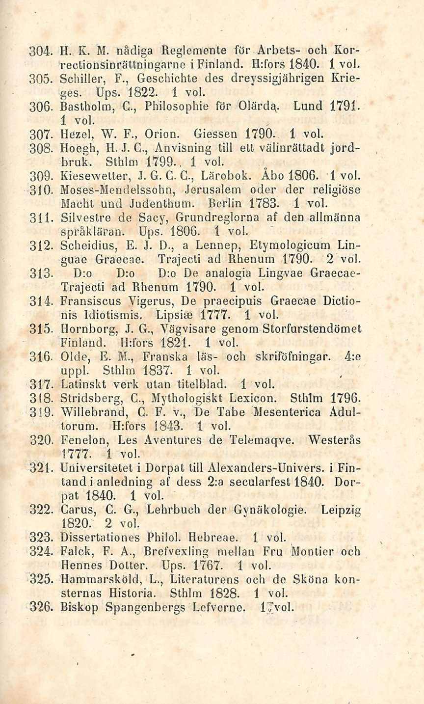 15 305. 306. 307. 308. 309 310. 311 312, 313. 314. 315. 316 H. K. M. hädiga Reglemente för Arbets- och Korrectionsinrättningarne i Finland. H;fors 1840. Schiller, F.
