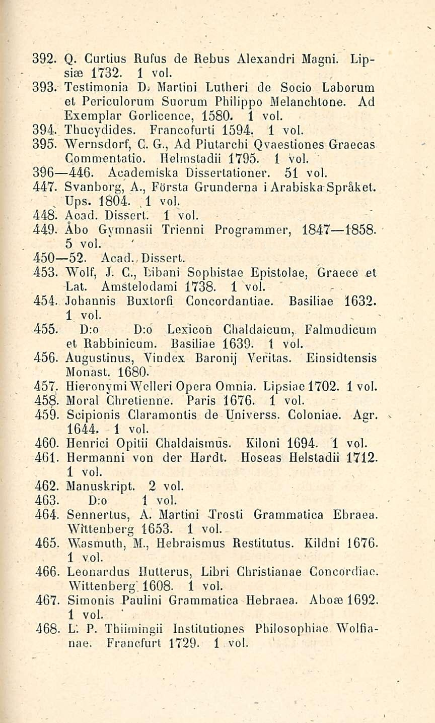 392. Q. Curlius Rufus de Rebus Alexandri Magni. Lipsiae 1732. 393. Testimonia Dj Martini Lutheri de Socio Laborum el Periculorum Suorum Philippe Melanchtone. Ad Exemplar Gorlicence, 1580. 394.