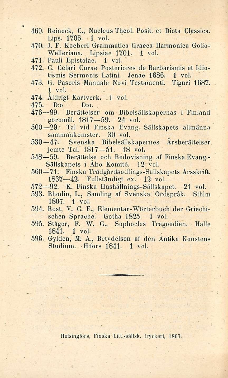 469. Reineck, G., Nucleus Theol. Posit. et Dicta Cl^ssica. Lips. 1706. 470. J. F. Koeberi Grammatica Graeca Harmoniaa Golio- Welleriana. Lipsiae 1701. 471. Pauli Epistolae. 472. G. Celari Curae Posteriores de Barbarismis et Idiotismia Serraonis Latini.