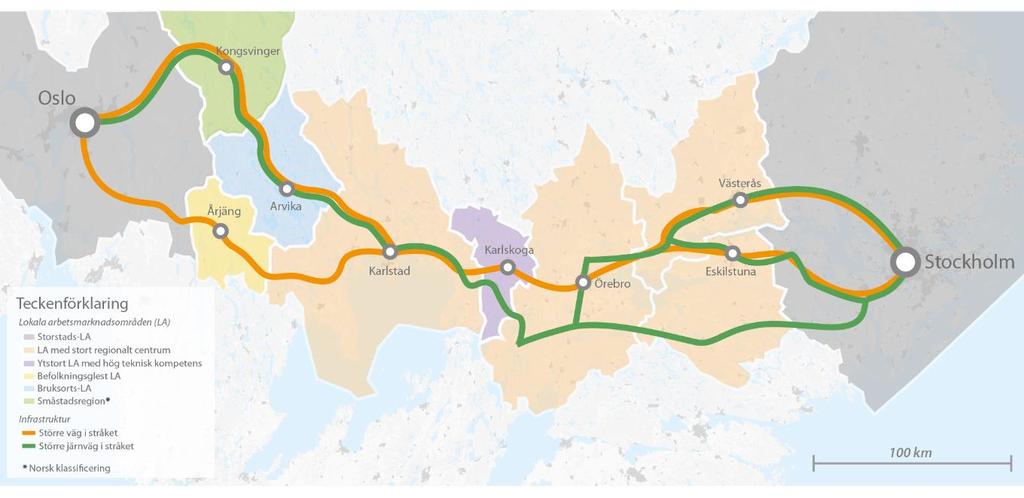 19 (56) 3.1.2. Arbetsmarknad Figur 6. Lokala arbetsmarknader (LA) inom stråket. I stråket finns åtta lokala arbetsmarknader (LA) på den svenska sidan och två på den norska sidan.