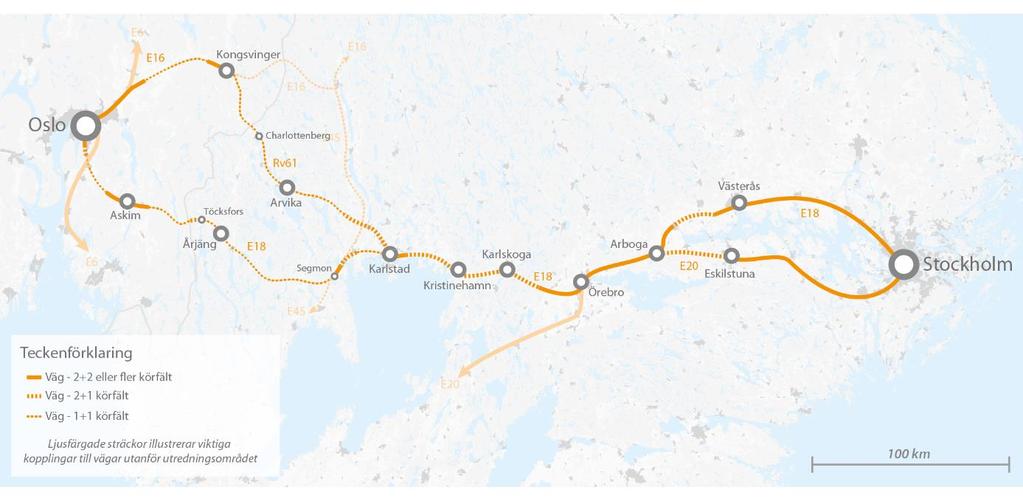 24 (56) 3.3.2. Vägar Figur 11. Dagens infrastruktur för väg inom stråket. E 18 går från Stockholm, norr om Mälaren, hela vägen till Oslo (530 km).