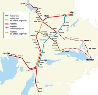 Figur 9. Trafiklinjenät med regionaltågstrafik som strålar till och från Örebro och Karlstad utgör bra exempel på utbyggd och växande regional tågtrafik. 2.