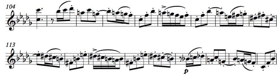 dubbelgrepp med F och Gess samtidigt (takt 77) samt stora hopp mellan strängarna (takt 80-81) är en riktig utmaning spelade på violin.