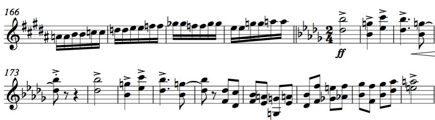 Ex.9 Takt 166-169 är en övergångsskala till Allegro-delen som börjar i takt 170. Vanligtvis skulle ett sådant ställe kunna vara markerat med ett crescendo som leder till ff men inte den här gången.