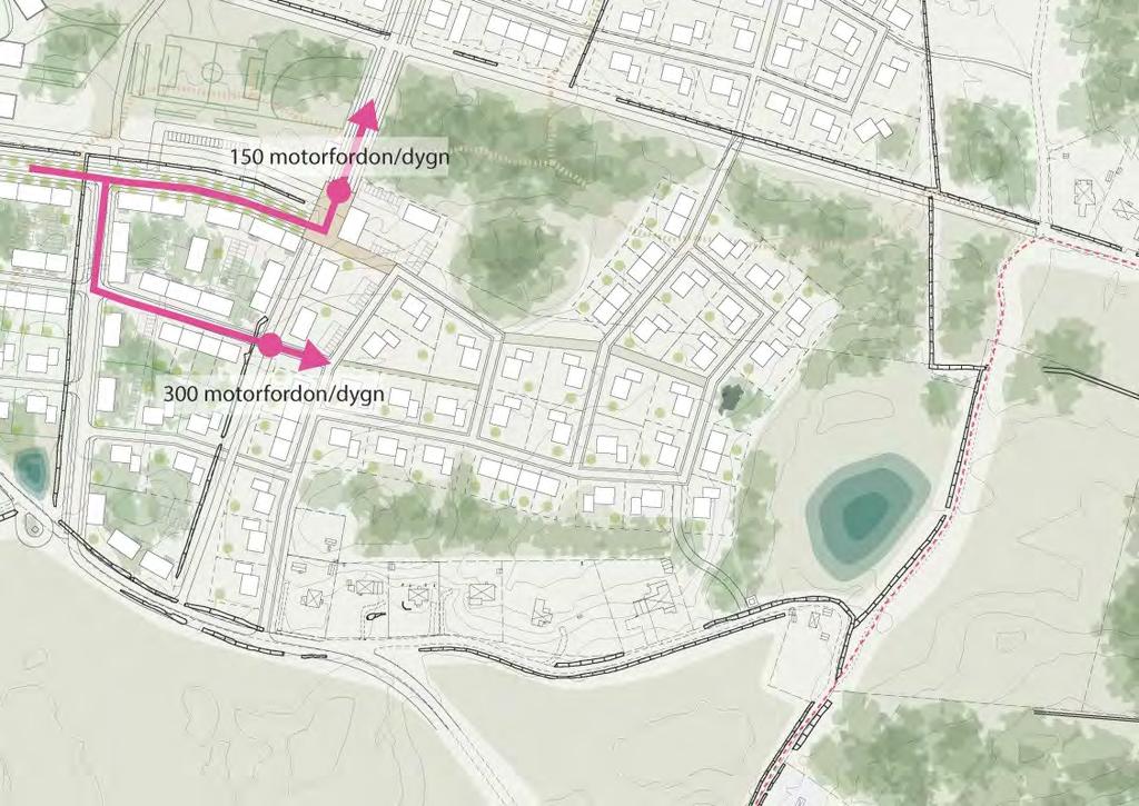 Samhällsbyggnadskontoret Planbeskrivning 31(48) 2017-06-14 2016-5323 Bilden visar beräknade trafikflöden på de huvudgator som leder trafik in och ut från planområdet där den största trafikmängden