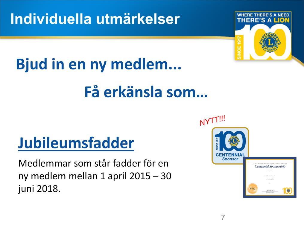 Varje medlem som står fadder för en ny medlem mellan 1 april 2015 30 juni 2018 får omedelbart ett erkänsla som jubileumsfadder.