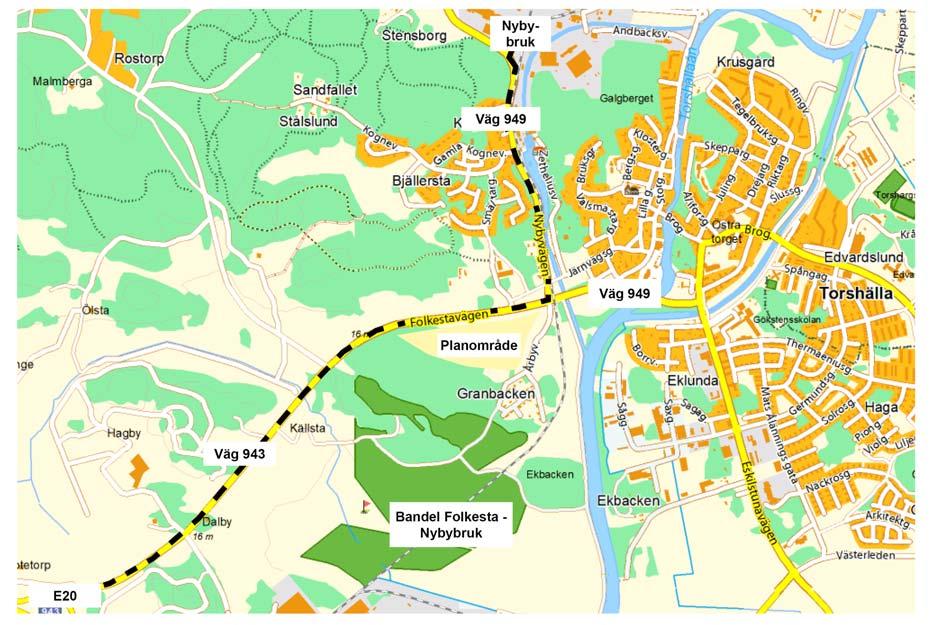 4.2 Nuvarande och framtida omfattning av vägtrafiken Väg 943 (Folkestavägen) går från E20 och i nordostlig riktning fram till korsningen med väg 949 vid Granbacken.