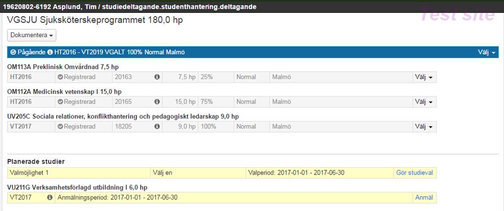 Planerade studier: Studieval och anmälan till kurs Planerade studier I Programtillfällesstrukturen går det att ange om det ska finnas studieval alternativt om studenten ska kunna anmäla sig själv