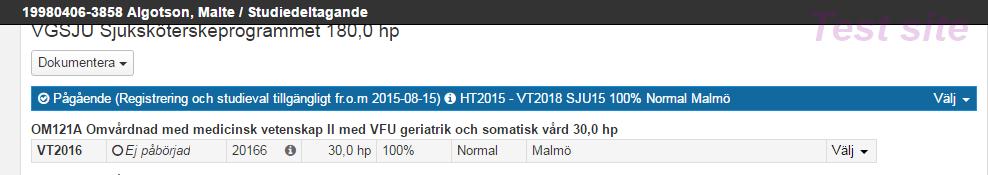 Studenten byter till ett nytt programtillfälle 1. Börja med att lägga in ett nytt programtillfälle genom Förbered tillfällesbyte. 2. Välj nytt tillfälle.