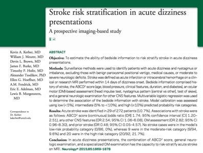 Kerber et al 2015 (1) Kerber, K.A. et al. Stroke risk strahficahon in acute dizziness presentahons. Neurology 2015;85:1869 1878.