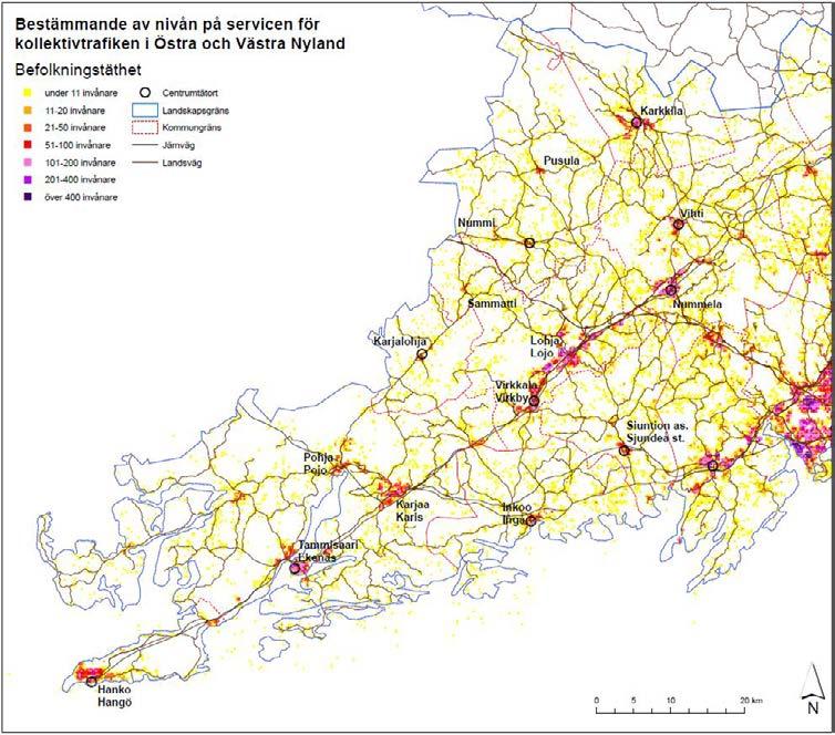 Figur 2 Befolkningstätheten i Västra Nylands område 3.2.1 Hangö- och Raseborgsregionen Hangö Hangös bosättning koncentrera sig till kommuncentrum Hangö centrum, där det finns ca 9 000 invånare.