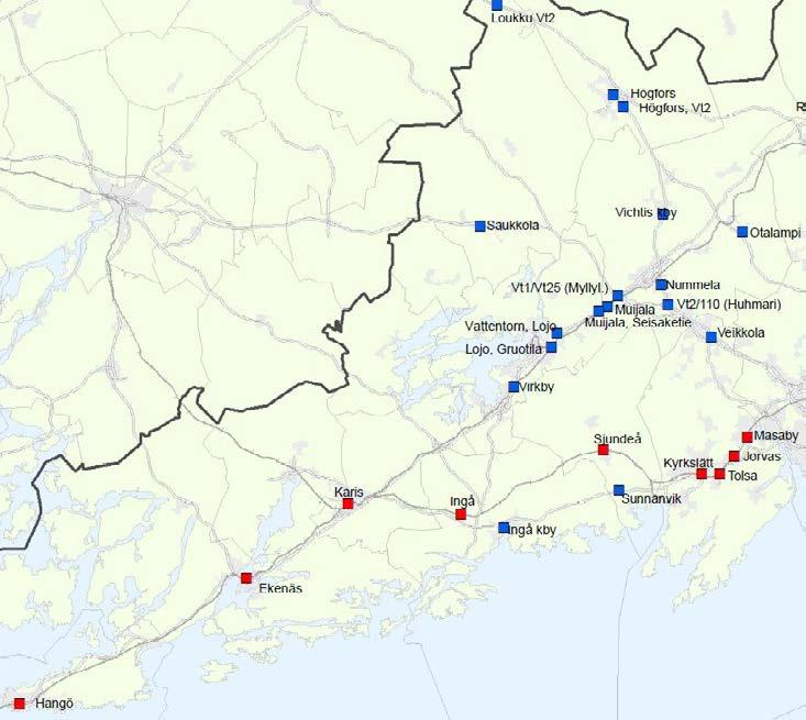 Figur 3 Anslutningsparkeringsområden i Västra Nyland, järnvägsstationernas/hållplatsernas parkeringar är märkta med