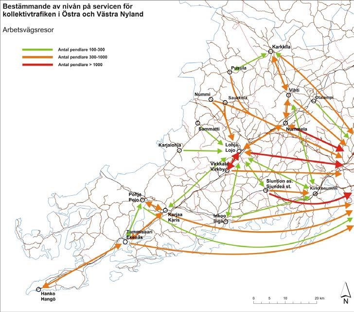 Figur 4 De viktigaste strömmarna av arbetspendling i Västra Nylands område. 3.4.2 Resor till skola och studier Elever och studeranden är den viktigaste gruppen av kollektivtrafikanvändare, speciellt i landsbygdstrafiken.