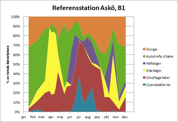 Figur 5.7.b. Olika växtplanktongruppers procentuella andel av den totala biovolymen vid referensstation B1 (Askö) 212.