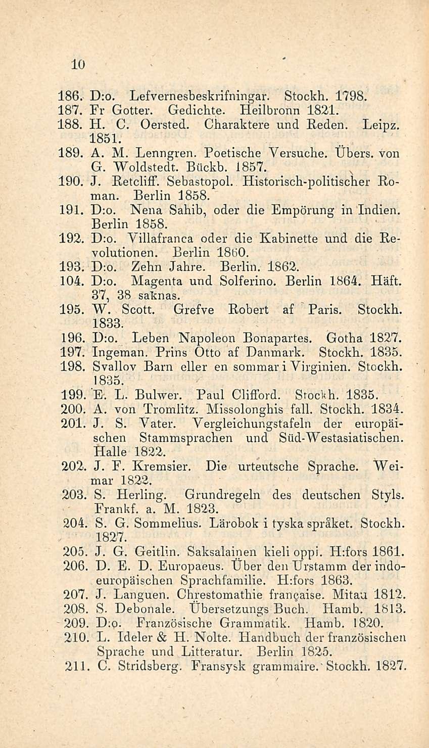 10 186. D:o. Lefvernesbeskrifningar. Stockh. 1798. 187. Fr Gotter. Gedichte. Heilbronn 1821. 188. H. C. Oersted. Charaktere und Reden. Leipz. 1851. 189. A. M. Lenngren, Poetische Versuche. Übers.