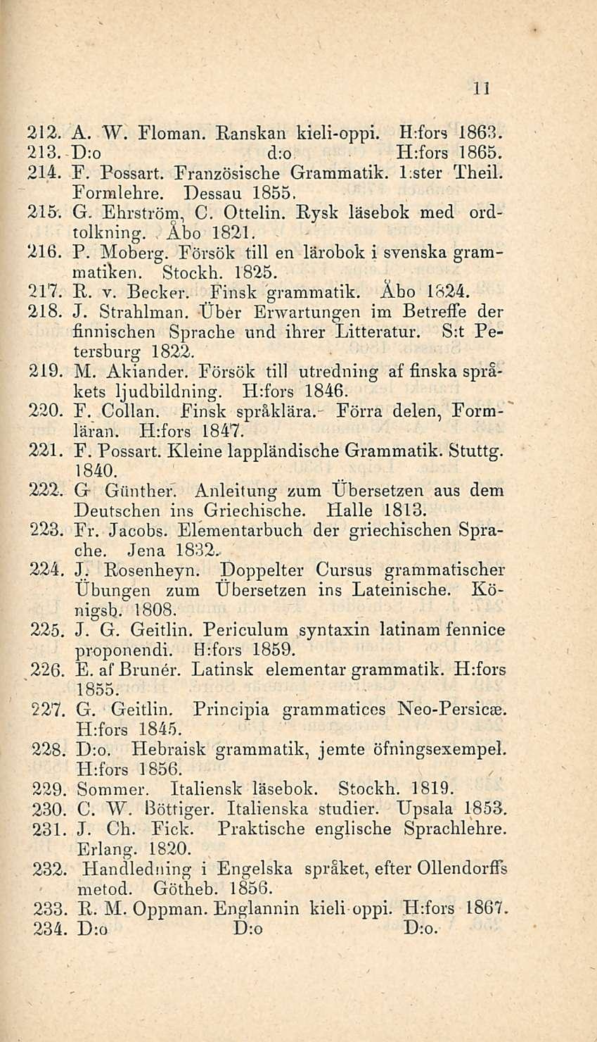 212. A. W. Floraan. Ranskan kieli-oppi. ILfors 1863. 213. D:o d:o ILfors 1865. 214. F. Possart. Französische Grammatik. l;ster Theil. Formlehre. Dessau 1855. 215'. G. Ehrström, C. Ottelin.